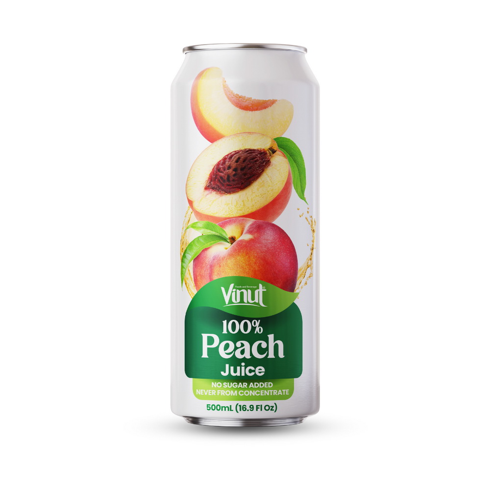 014_100-Peach-Can-500ml-1.jpg Vinut عصير الخوخ 100%، بدون سكر مضاف، غير مُصنَّع من مركز، علبة سليم 16.9 fl oz 500 mL - الصورة 1
