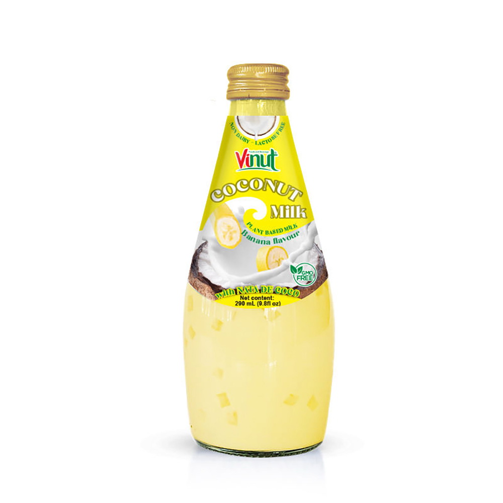 107_Banana-Coconut-Milk-Glass-Bottle-290ml-1-1.jpg Vinut مشروب حليب جوز الهند بنكهة الموز، حليب نباتي مع ناتا دي كوكو، غير ألباني وخالٍ من اللاكتوز وخالٍ من التعديل الوراثي، زجاجة زجاجية سعة 9.8 fl oz (290 mL) - الصورة 1