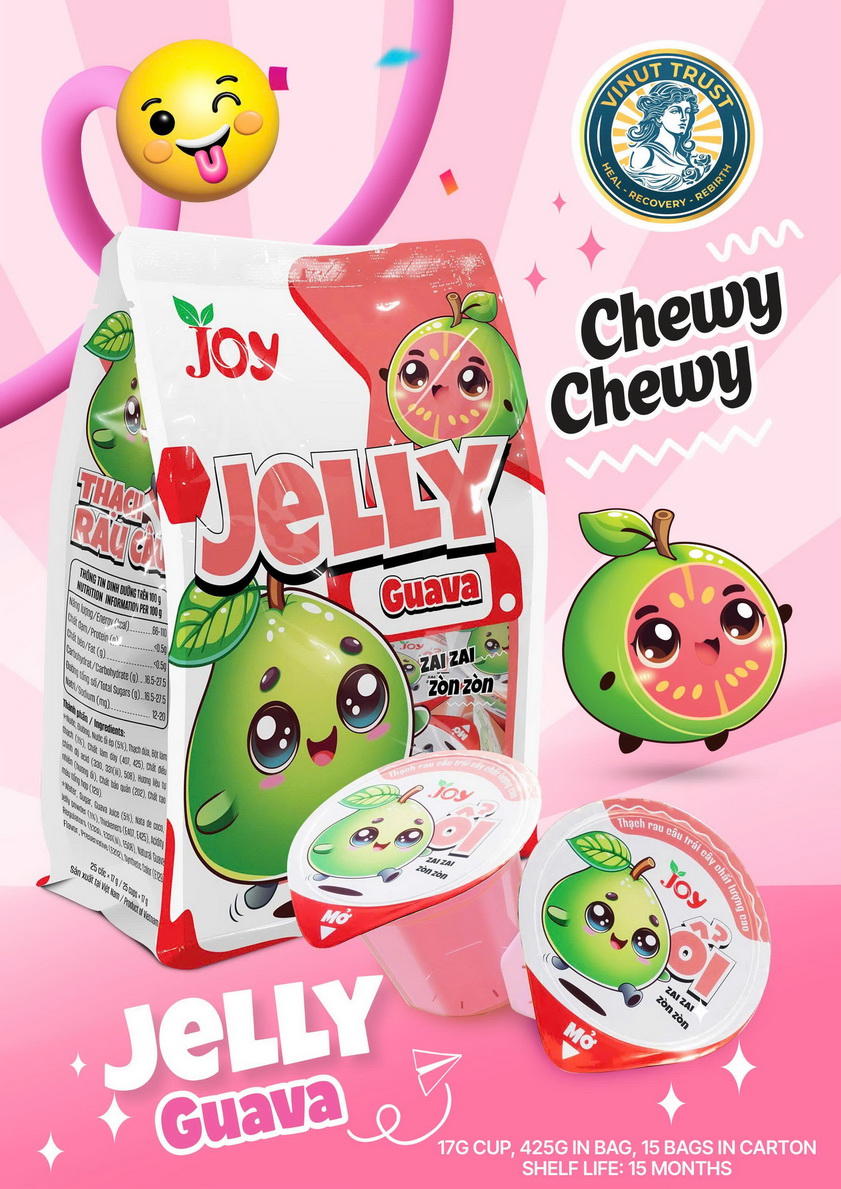 177_Guava-Jelly-Vinut-Trust-1-1.jpg JOY حلوى جيلي الجوافة Chewy Chewy Zai Zai Zon Zòn، كيس يحتوي على أكواب 17غ، 425غ - الصورة 1