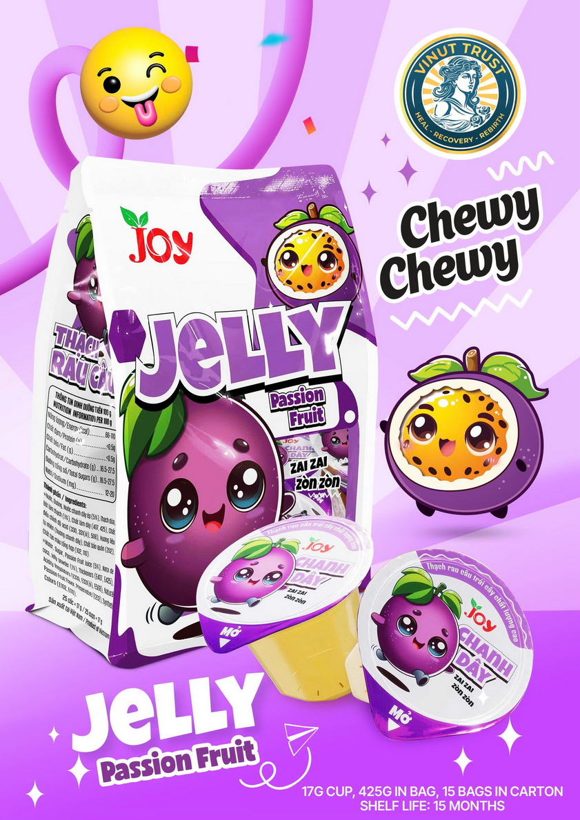 179_Passion-Fruit-Jelly-Vinut-Trust-1-1.jpg JOY حلوى جيلي باشن فروت Chewy Chewy Zai Zai Zon Zòn، كيس يحتوي على أكواب 17غ، 425غ - الصورة 1